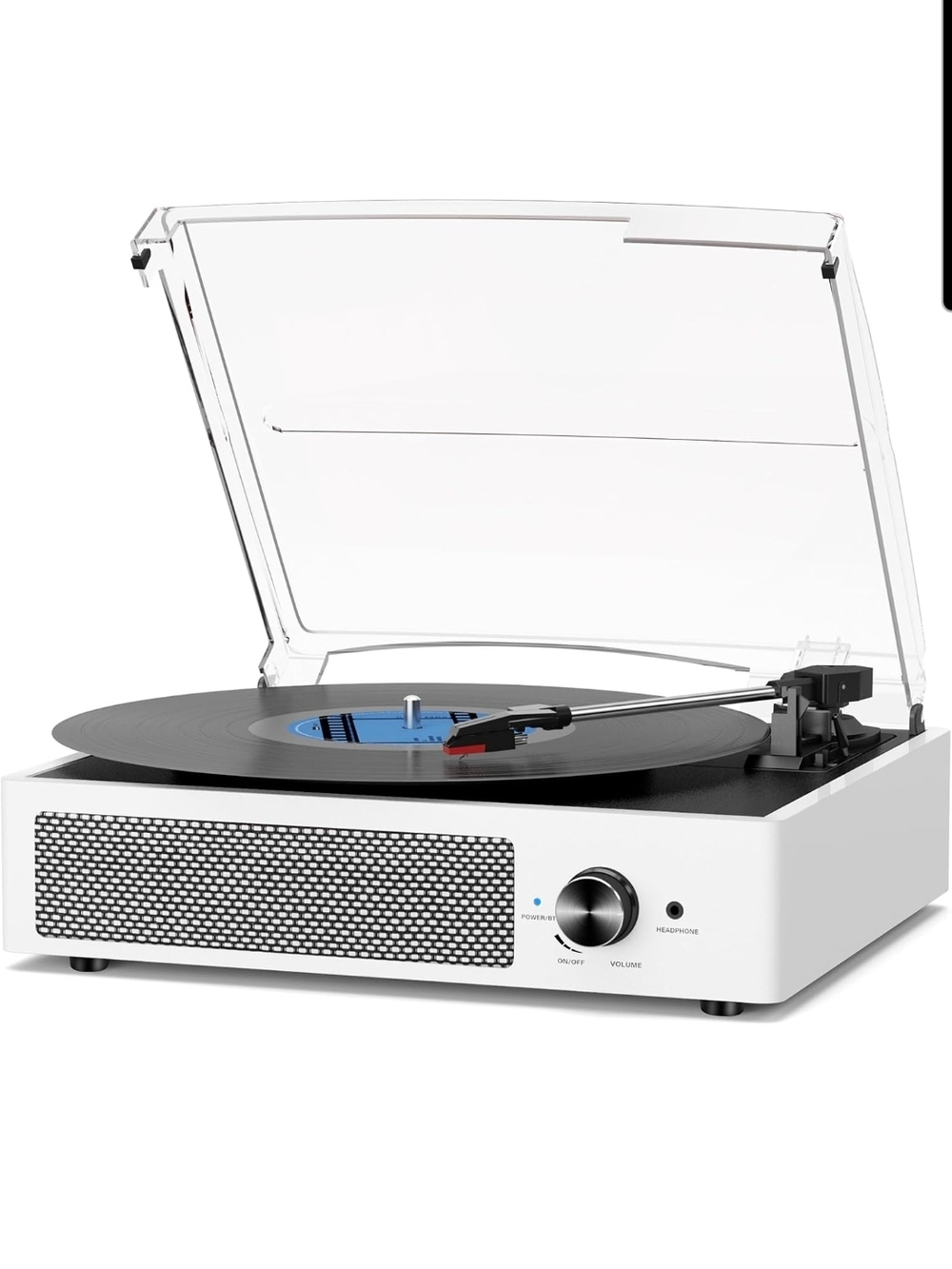 White Portable Vinyl Record Player Turntable with Built-In Speaker